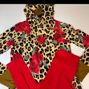Lularoe Small Rose's Leopard Amber Hoodie OS Red Leggings New